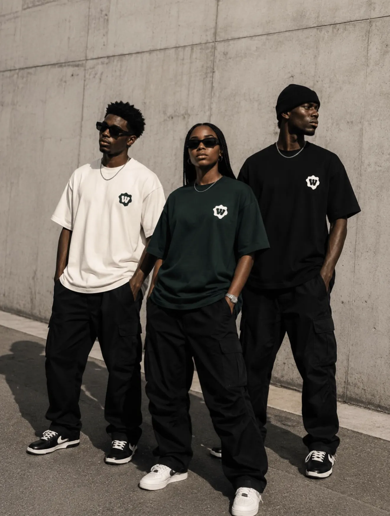 Weedforfriends team in streetwear in front of a concrete wall